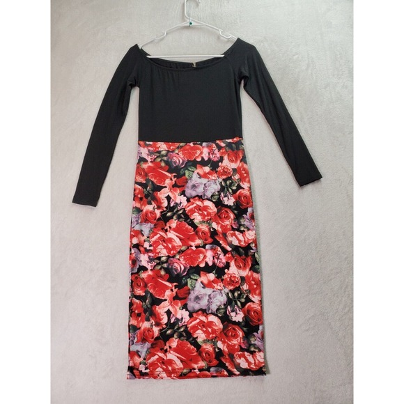 Club L Shift Dress Girls Sz 10 Black Floral Viscose Long Sleeve Off The Shoulder - Picture 2 of 8
